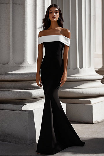 Black White Crepe Mermaid Off the Shoulder Long Formal Dress